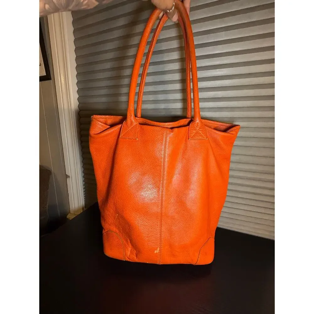 Crate & Barrel Orange Pebbled Leather Tote Shoulder Bag Large Shopper Purse